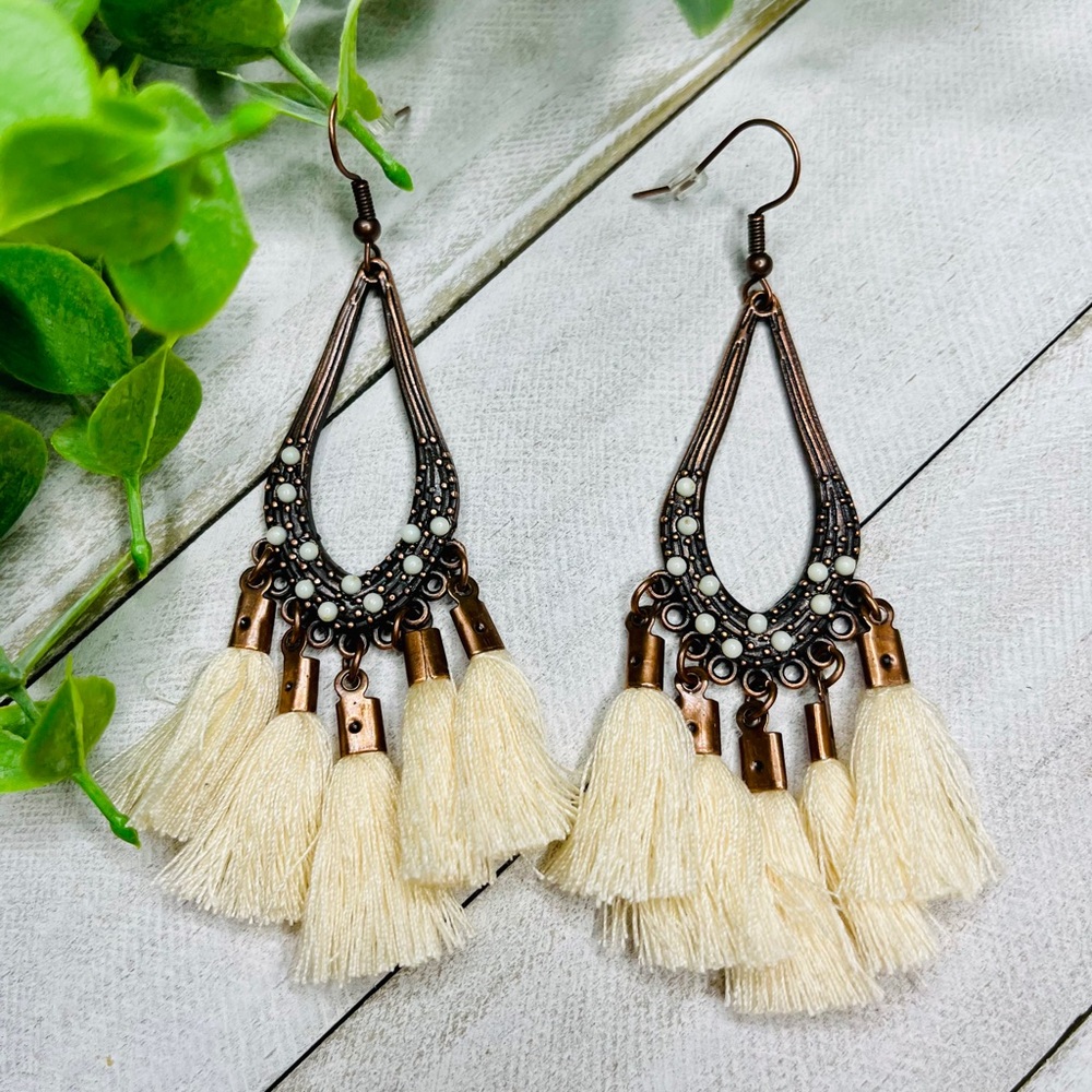Boho Teardrop Dangle Earrings w/ Cream Tassels